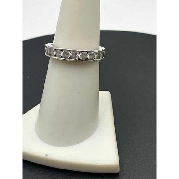 SS 925 Marked Sterling Silver Round Channel Set CZ Half Eternity Wave Band 7.5 - Picture 11 of 11